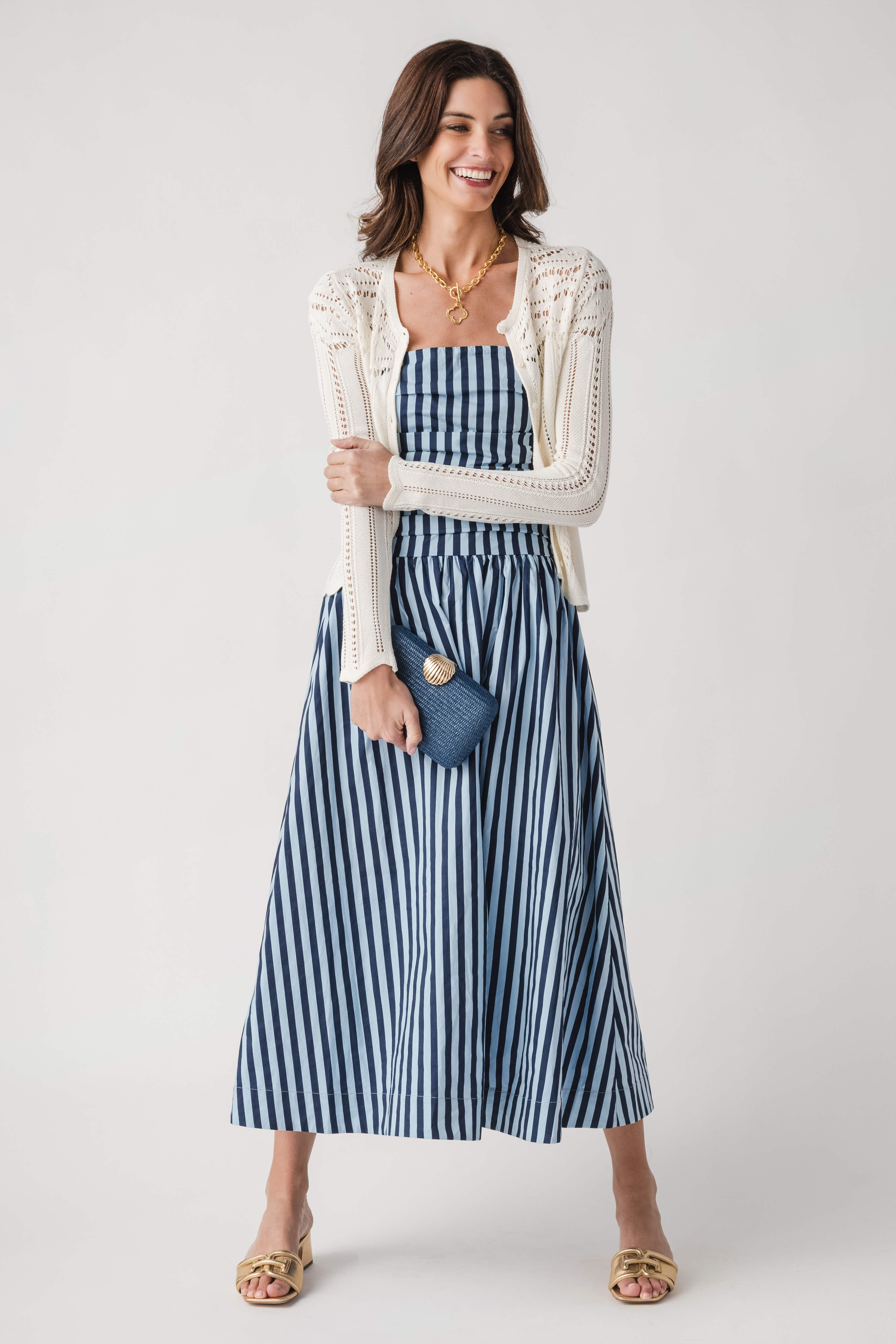white dress with navy Womens Nara Stripe Shirt Dress White/True Navy main image 1