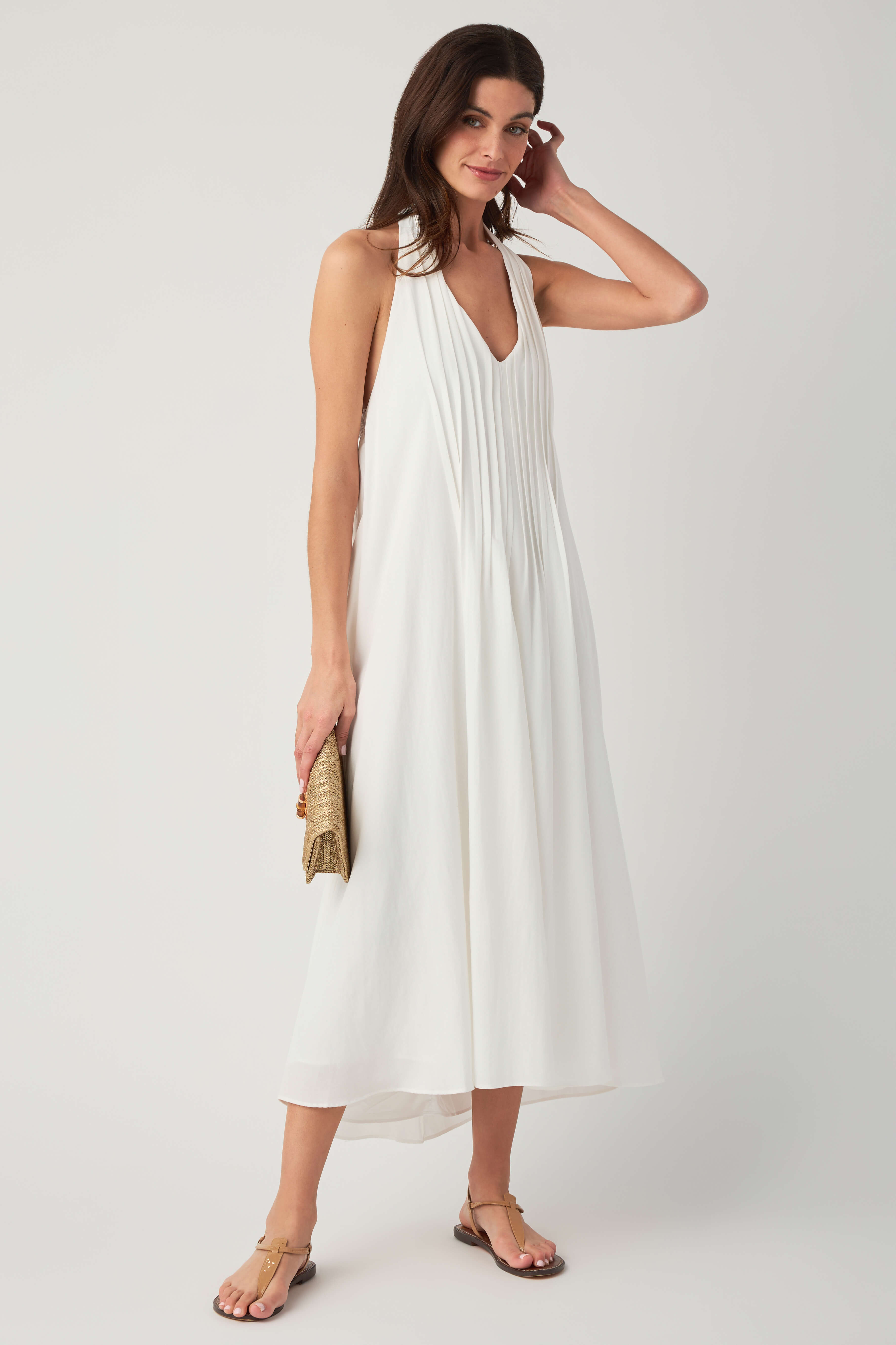 In February Pleated Halter Midi Dress Off White / Large In February Pleated Halter Midi Dress Off White / Large