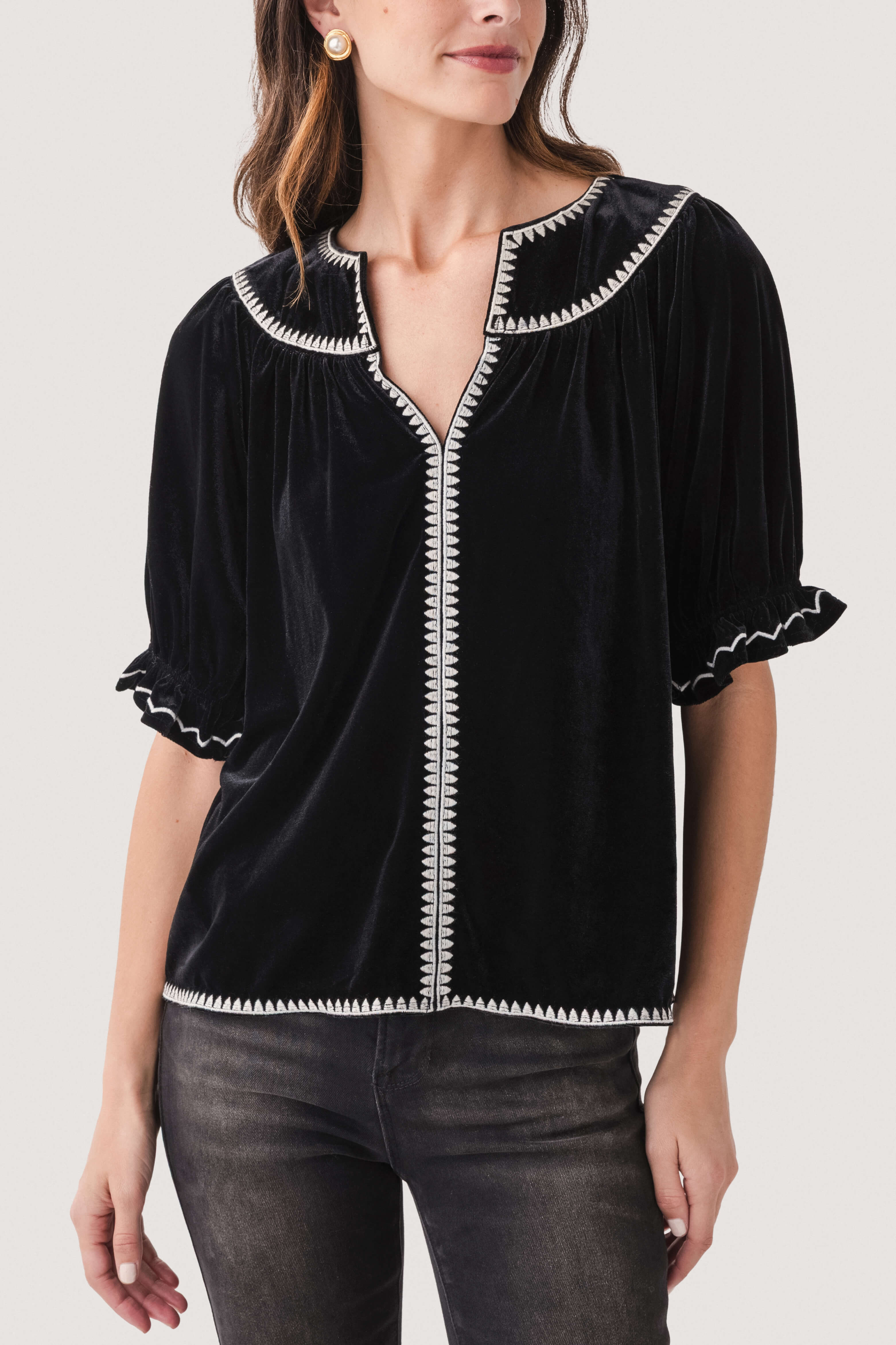 Fate Puff Sleeve Embroidered Velvet Top – Social Threads