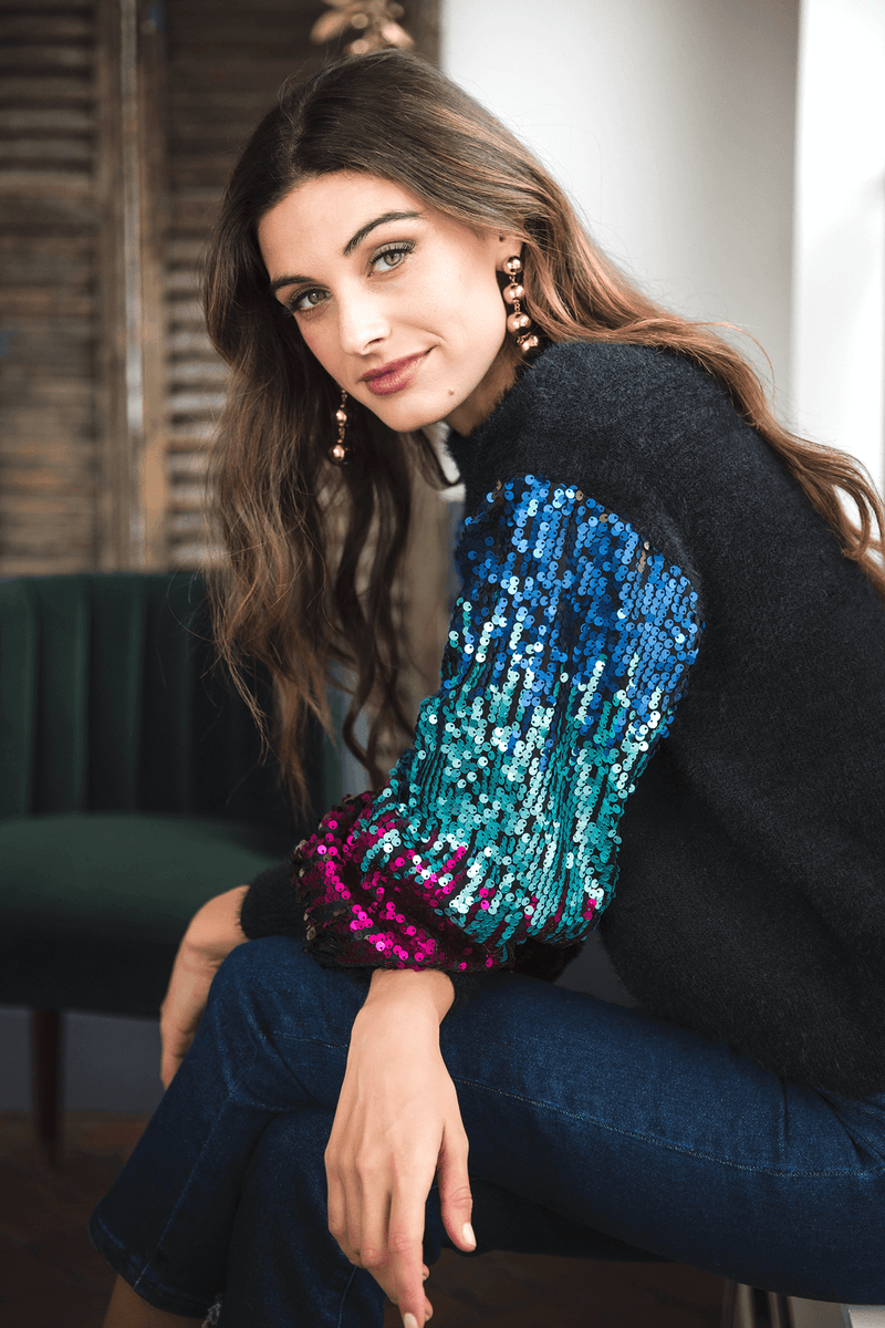 Listicle Sequin Sleeve Fuzzy Knit Pullover Sweater