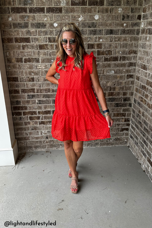 THML Solid Textured Ruffle Sleeve Tiered Dress