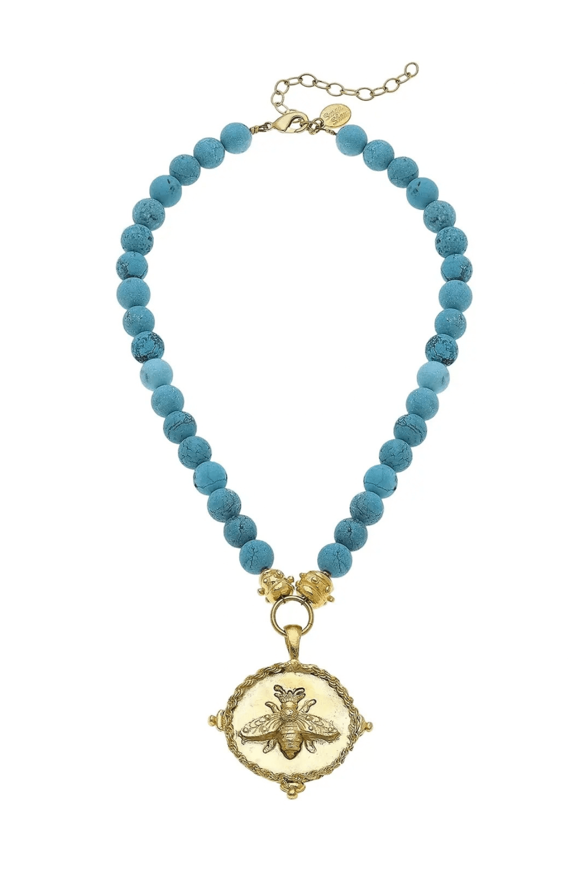 Turquoise beaded necklace with gold-tone bee pendant and chain clasp.