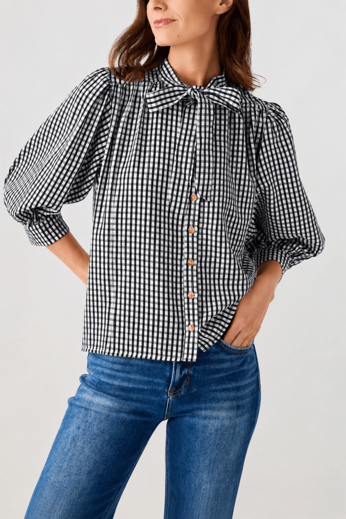 THML Gingham Tie Neck Blouse