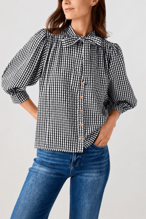 THML Gingham Tie Neck Blouse