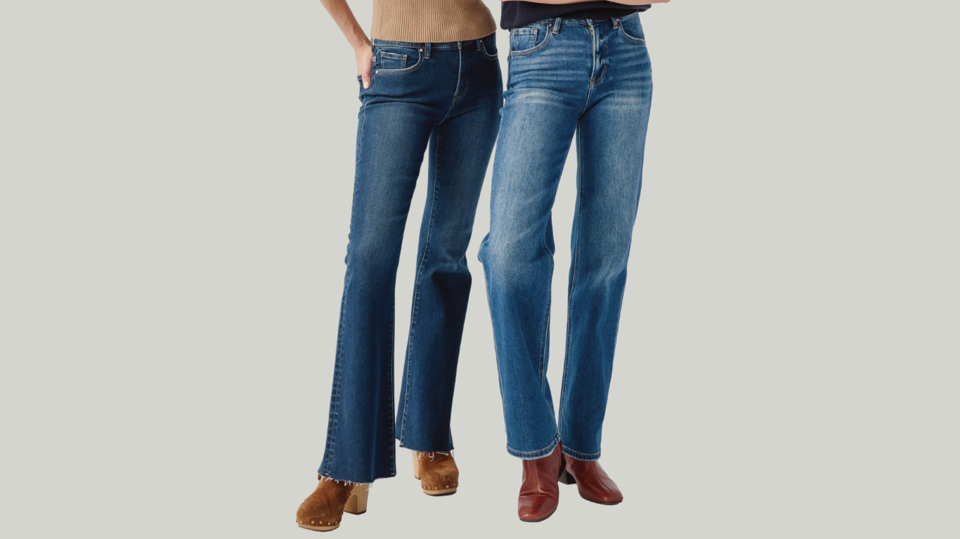 two women standing showing straight leg dark wash and medium wash jeans, paired with camel colored clogs and maroon boots
