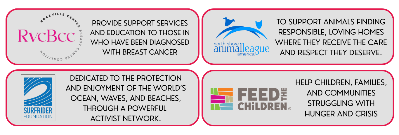 A 2x2 grid of four pink-bordered white panels with organization logos and text. The panels show RVCBCC, Surfrider Foundation, North Shore Animal League, and Feed The Children.