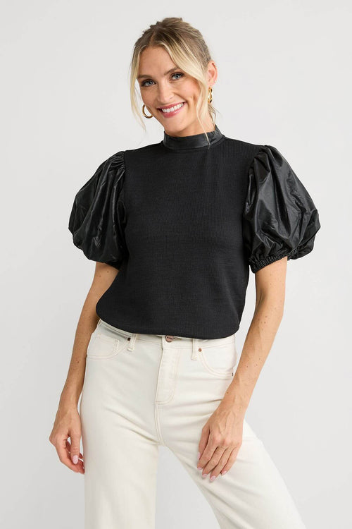 THML Mockneck Leather Puff Sleeve Top