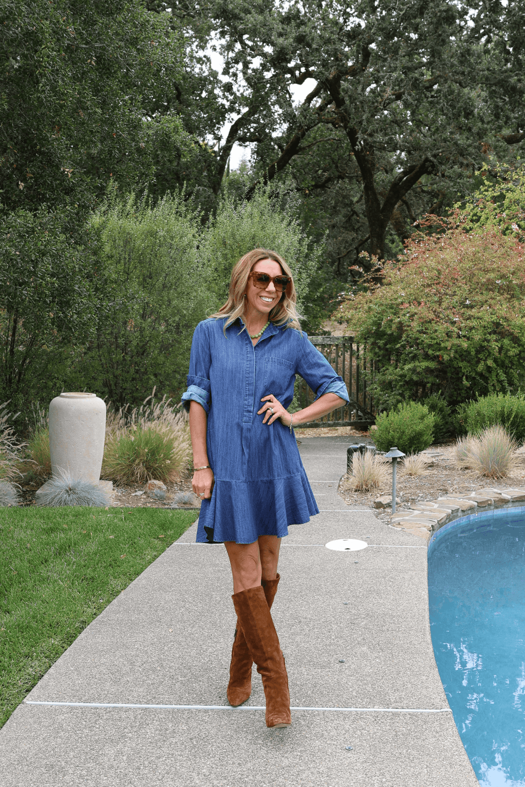 Indigo denim shirt dress with button front and flared skirt, three-quarter sleeves