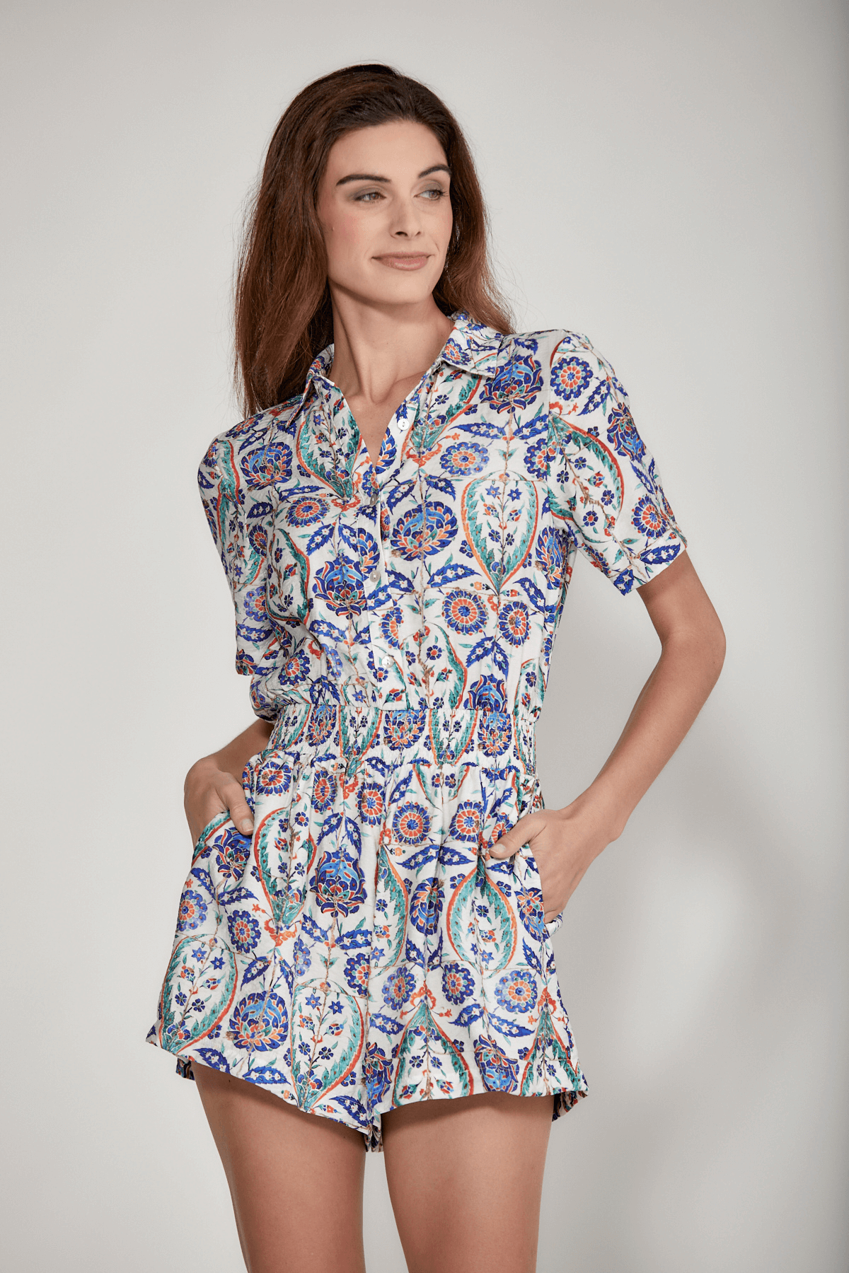 THML Paisley Print Collared Button Up Romper