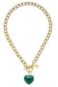 Gold chain necklace with green heart stone pendant and small cross charm