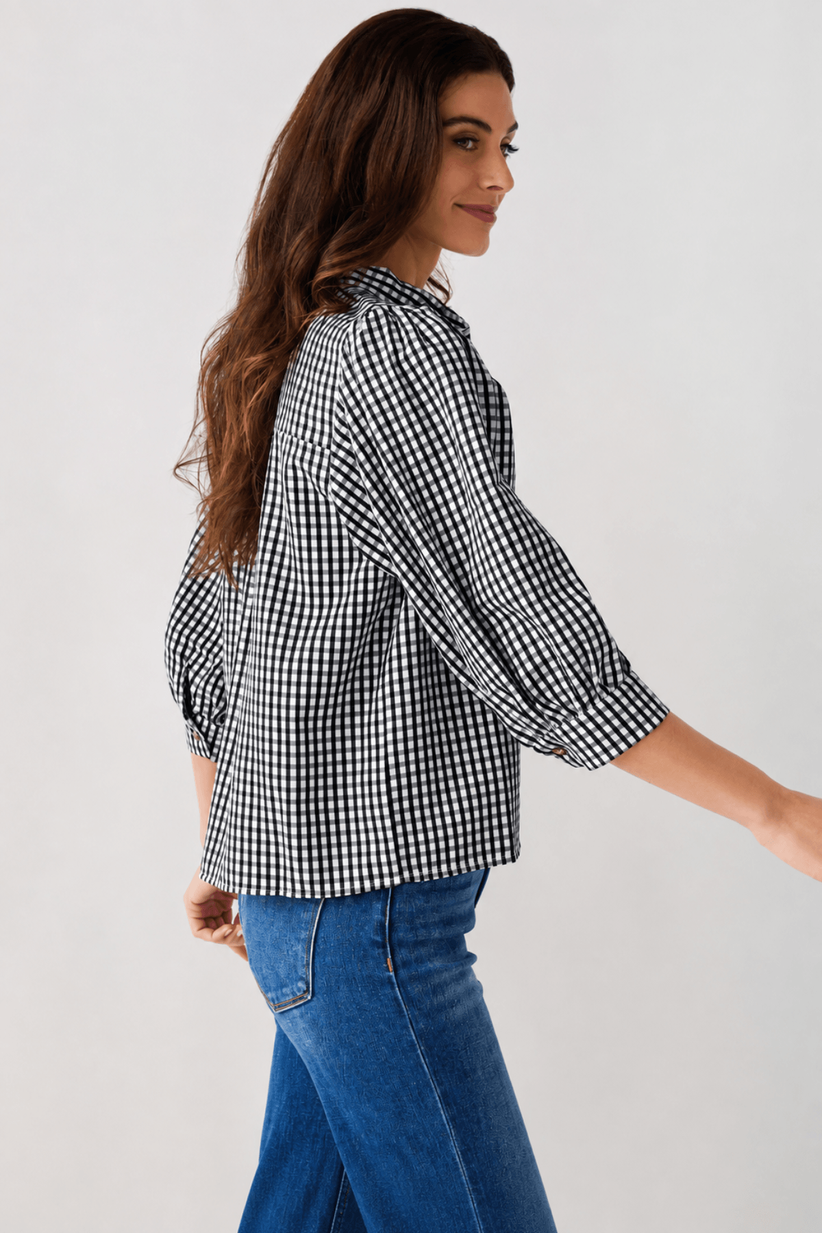 THML Gingham Tie Neck Blouse