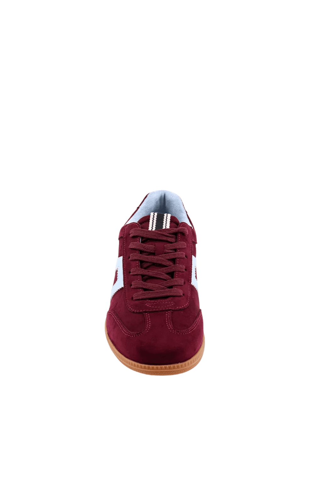 Burgundy suede low-top sneaker with lace-up front and gum sole.