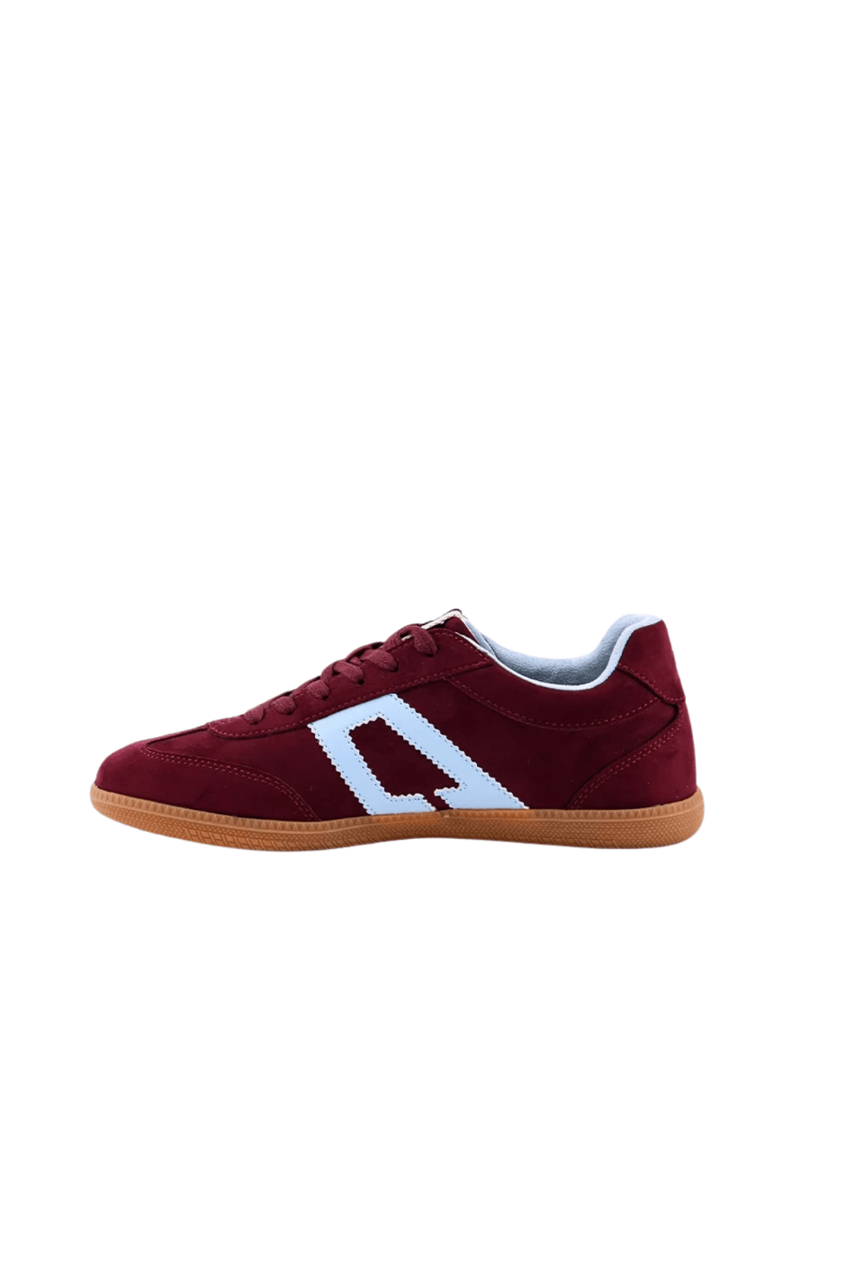Burgundy suede low-top sneaker with blue-and-white side logo and gum sole.