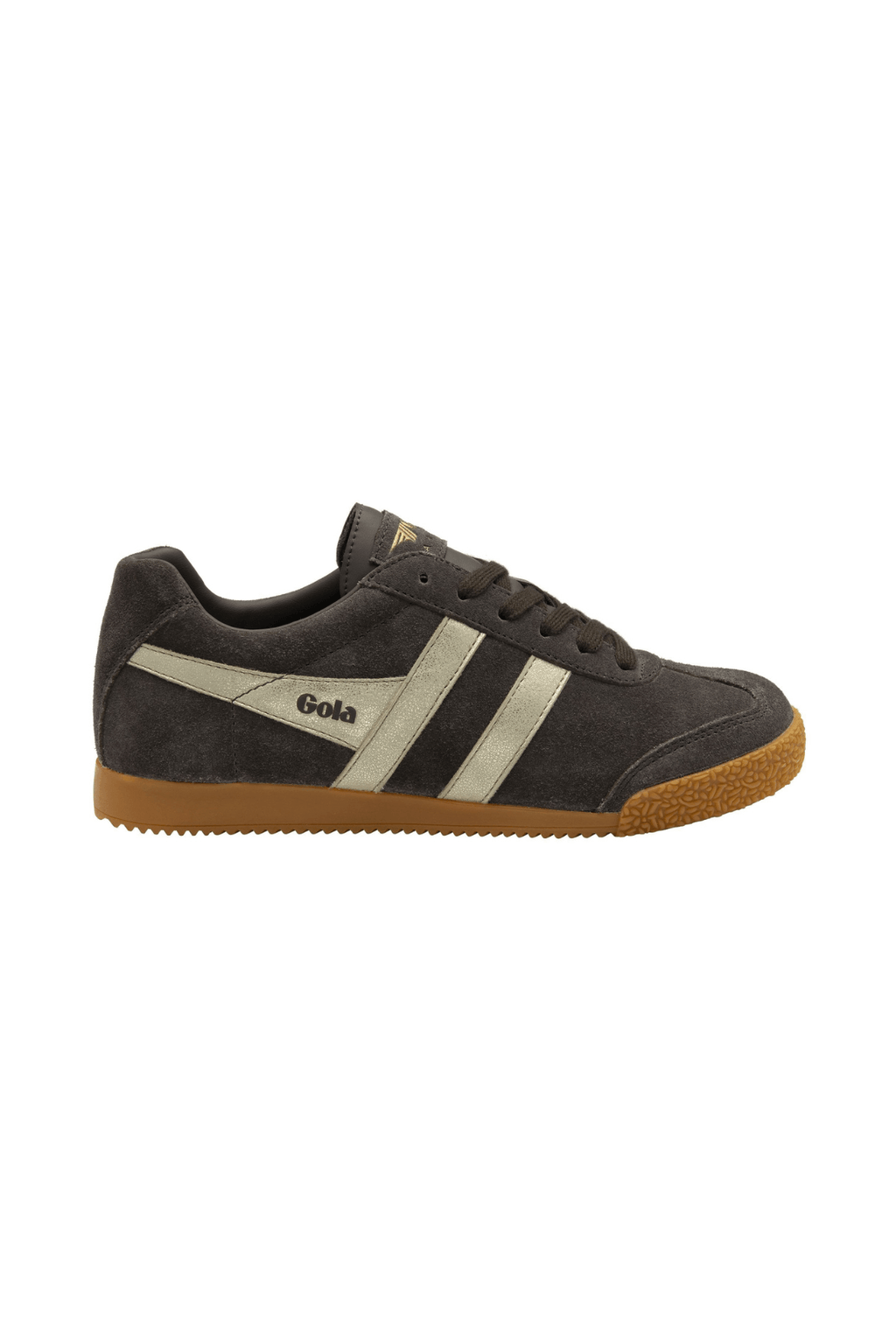 Dark brown suede sneakers with gold-and-cream side stripes and gum sole