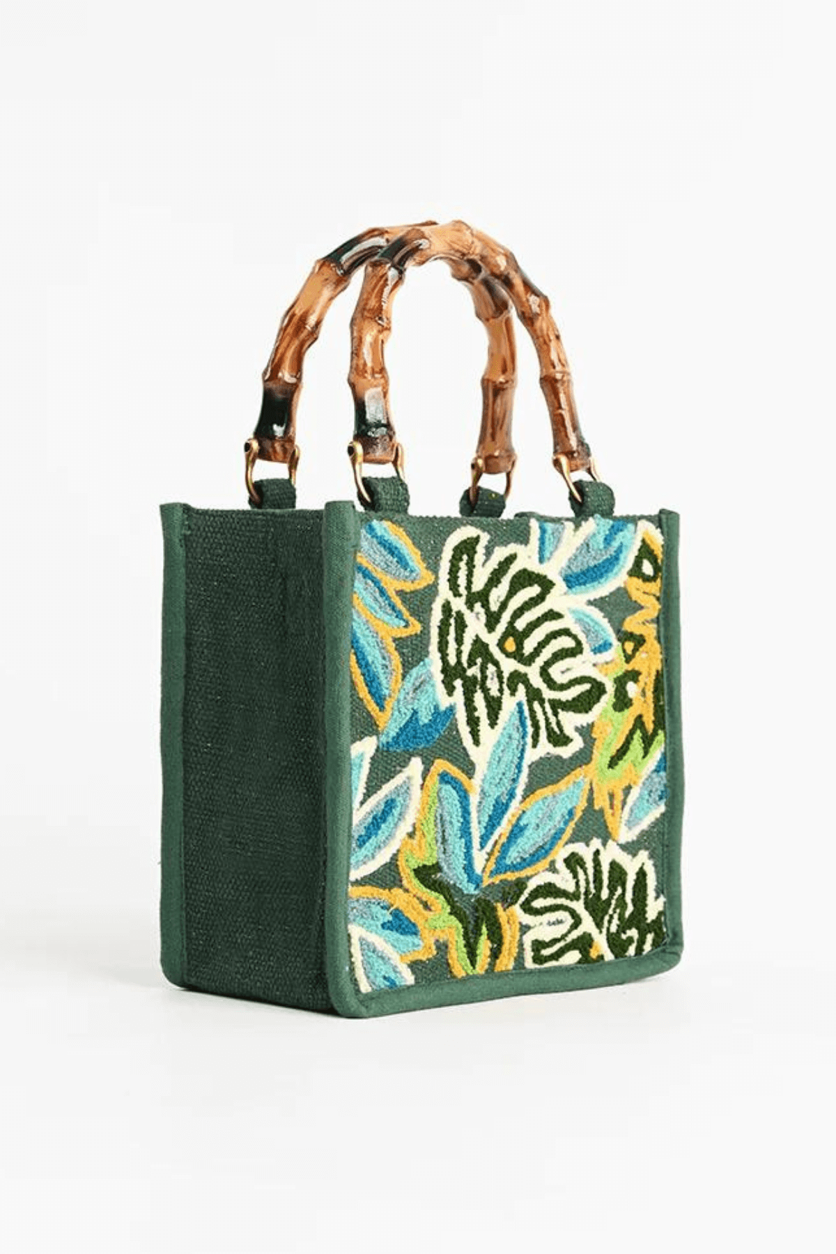 America and Beyond Evergreen Monstera Embellished Bamboo Handle Crossbody Bag