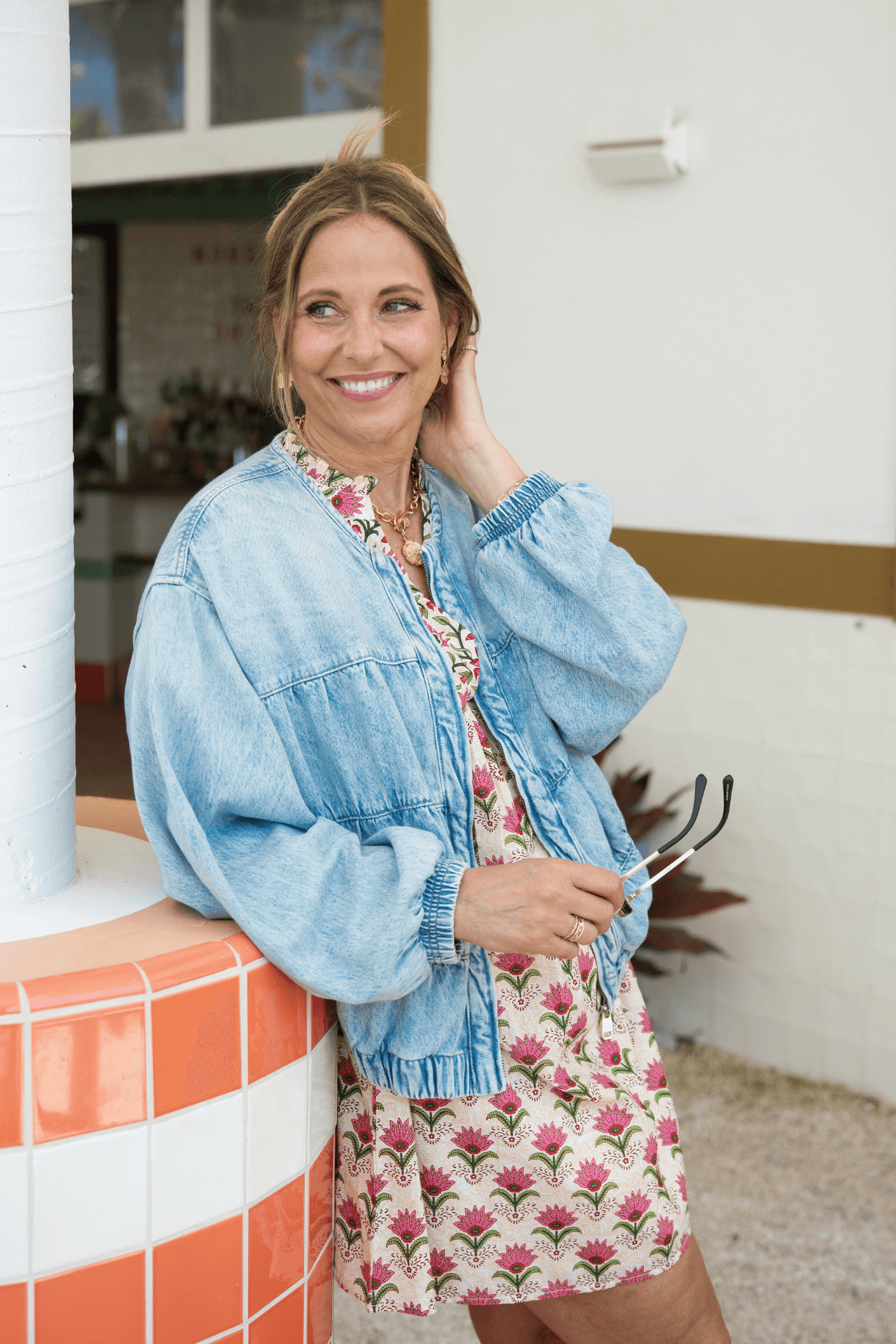 THML Genevieve Floral Print Puff Sleeve Splitneck Dress