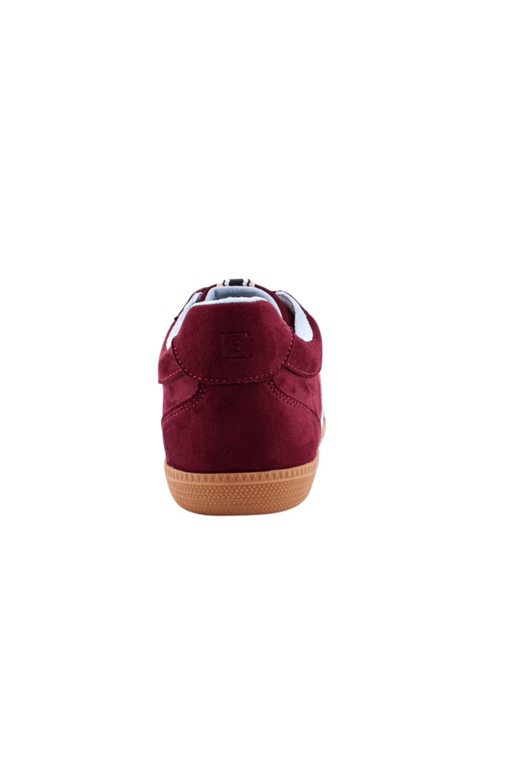 Burgundy suede low-top sneaker rear view with padded collar and gum sole.