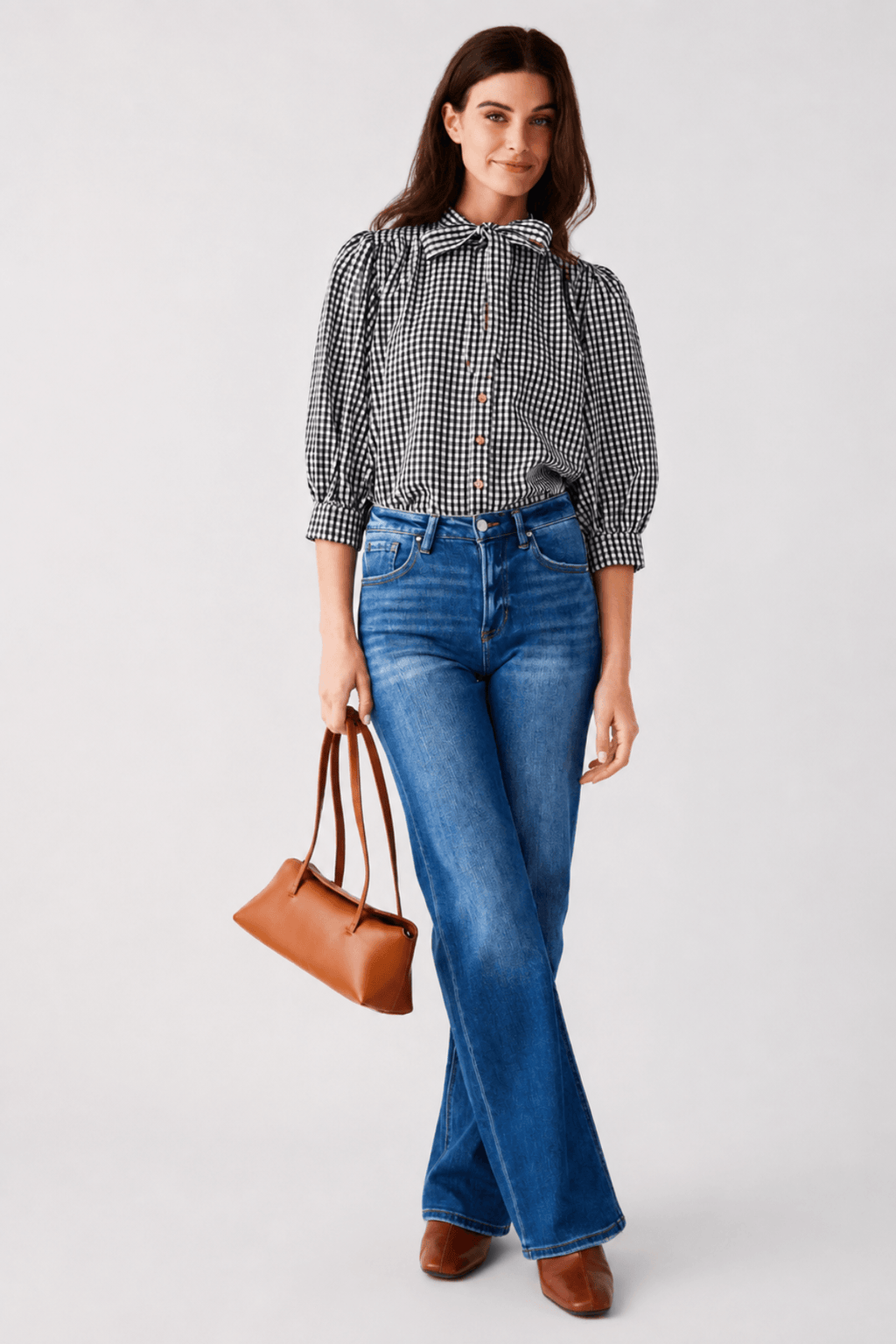 THML Gingham Tie Neck Blouse