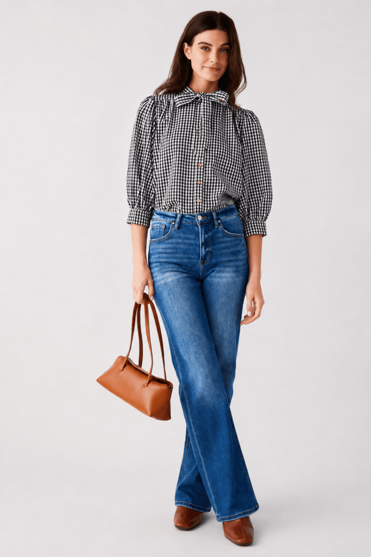 THML Gingham Tie Neck Blouse