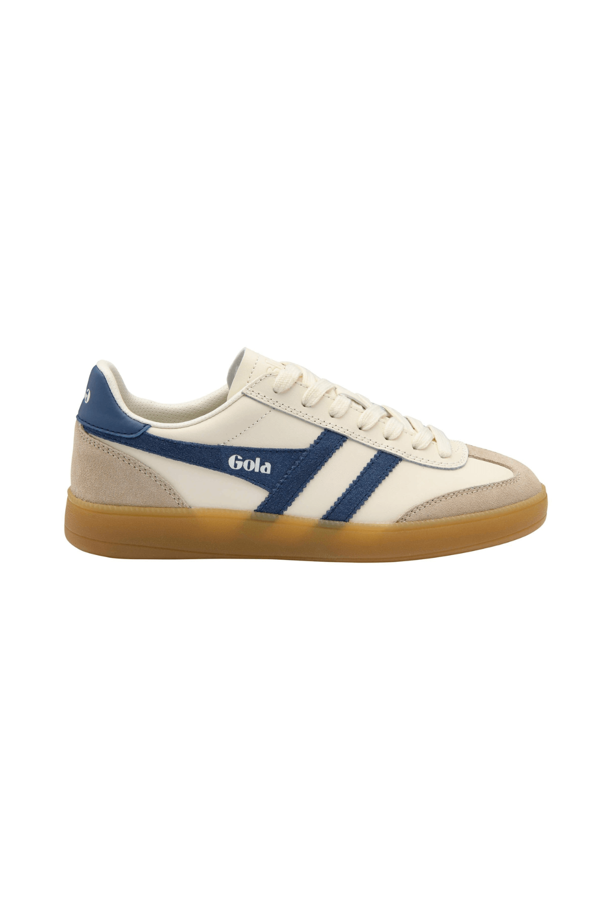 Leather lace-up sneakers, cream with navy stripe and gum sole