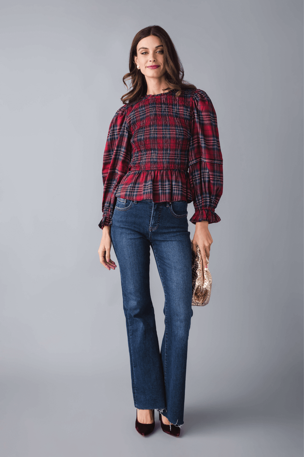 &Merci Smocked Plaid Puff Sleeve Peplum Top