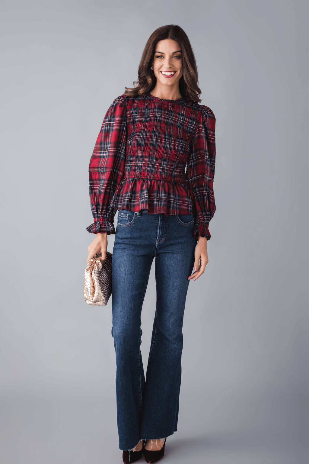 &Merci Smocked Plaid Puff Sleeve Peplum Top