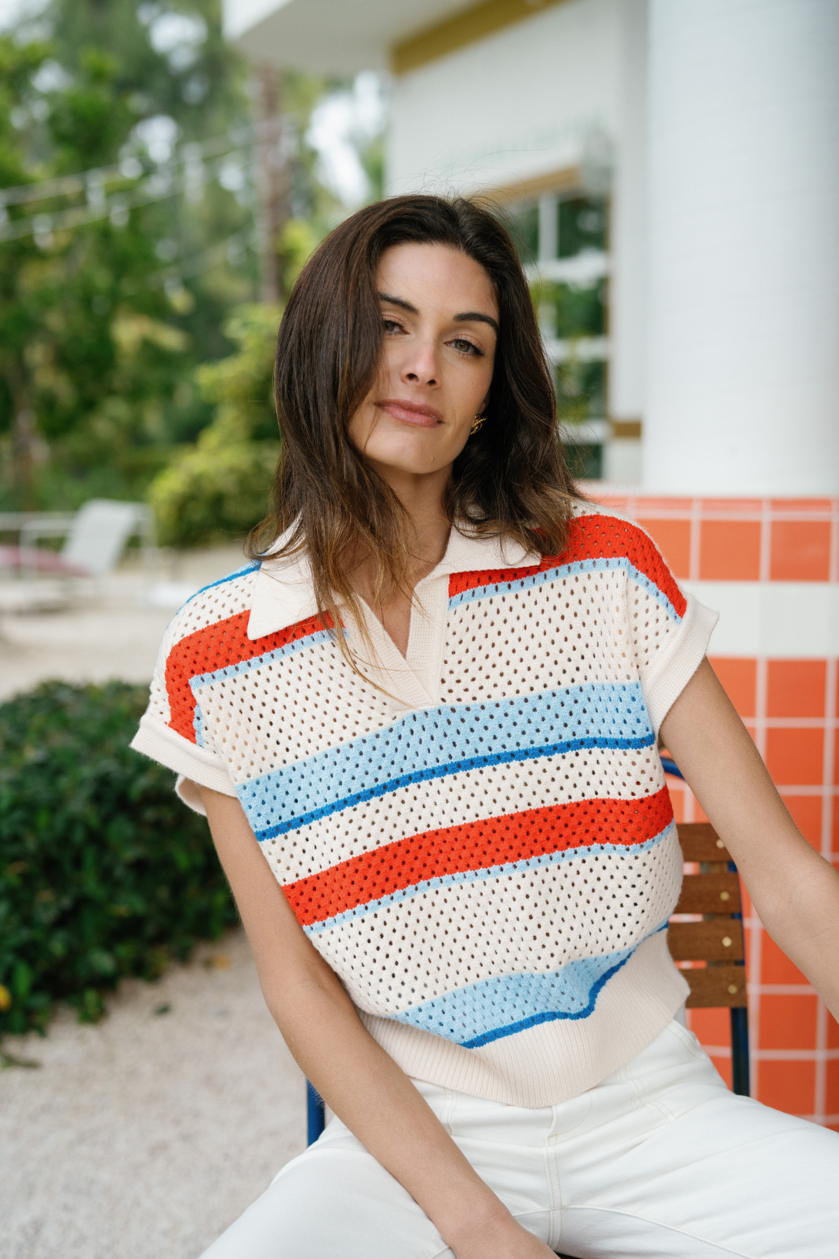 THML Coastal Stripe Knit Polo Top