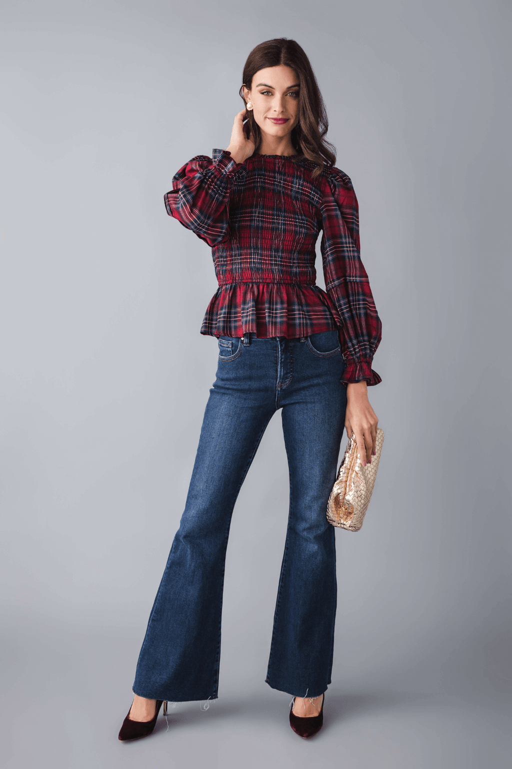 &Merci Smocked Plaid Puff Sleeve Peplum Top