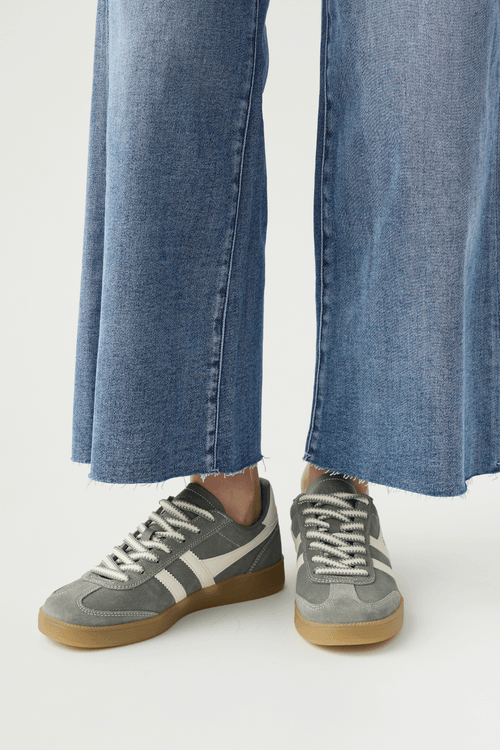 Viper '78 low sneakers front view, olive gray suede with off-white stripes and laces
