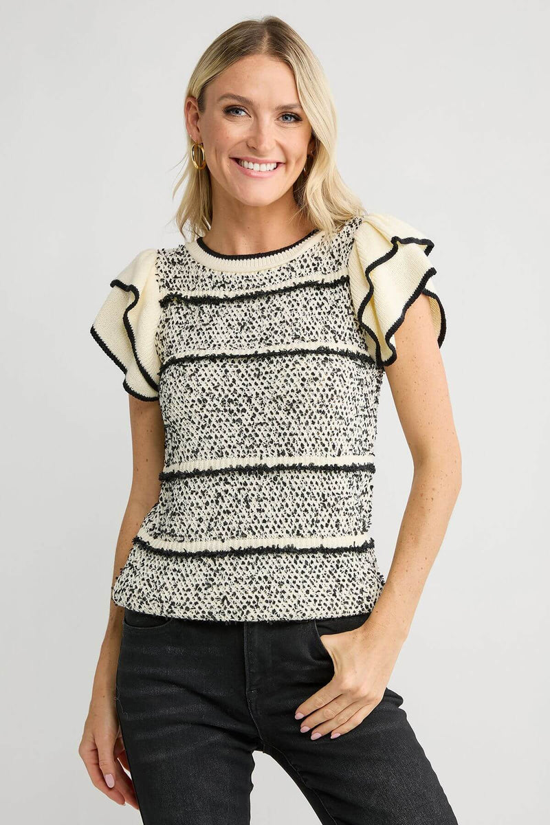 Skies Are Blue Ruffled Sleeve Striped Knit Top
