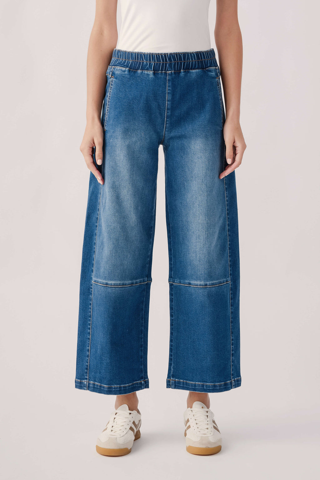 Blue relaxed pull-on barrel jeans with elastic waist and wide leg hems