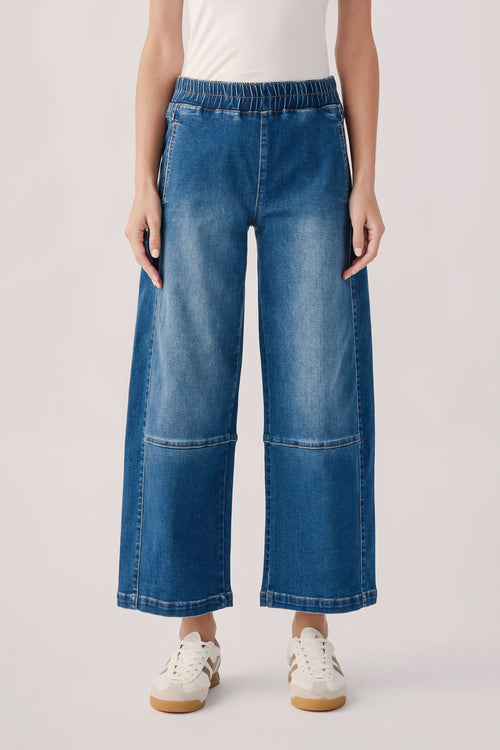Blue relaxed pull-on barrel jeans with elastic waist and wide leg hems