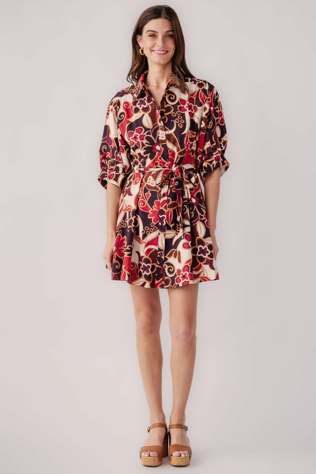 Abstract floral shirt dress with belted waist and 3/4 sleeves, purple-red-cream pattern