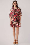 Abstract floral shirt dress with belted waist and 3/4 sleeves, purple-red-cream pattern