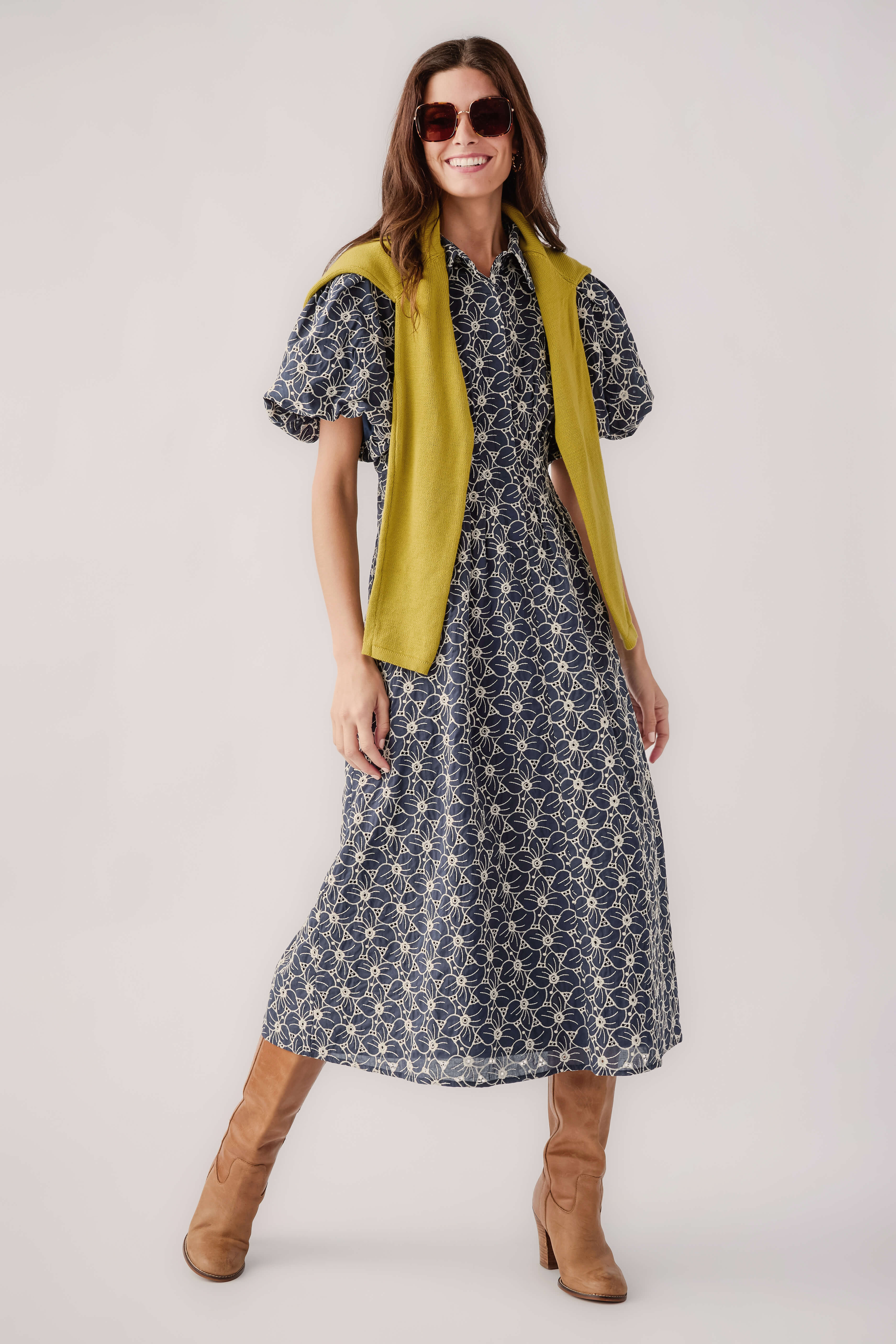 Navy floral eyelet midi dress with short flutter sleeves