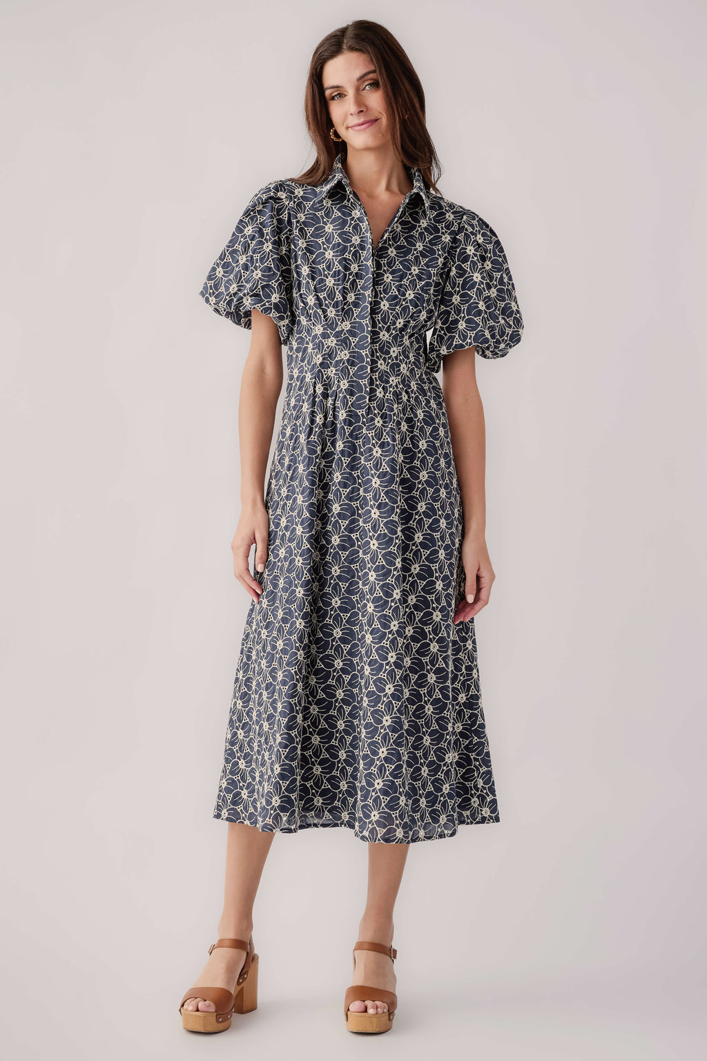 Navy floral eyelet midi dress with short flutter sleeves