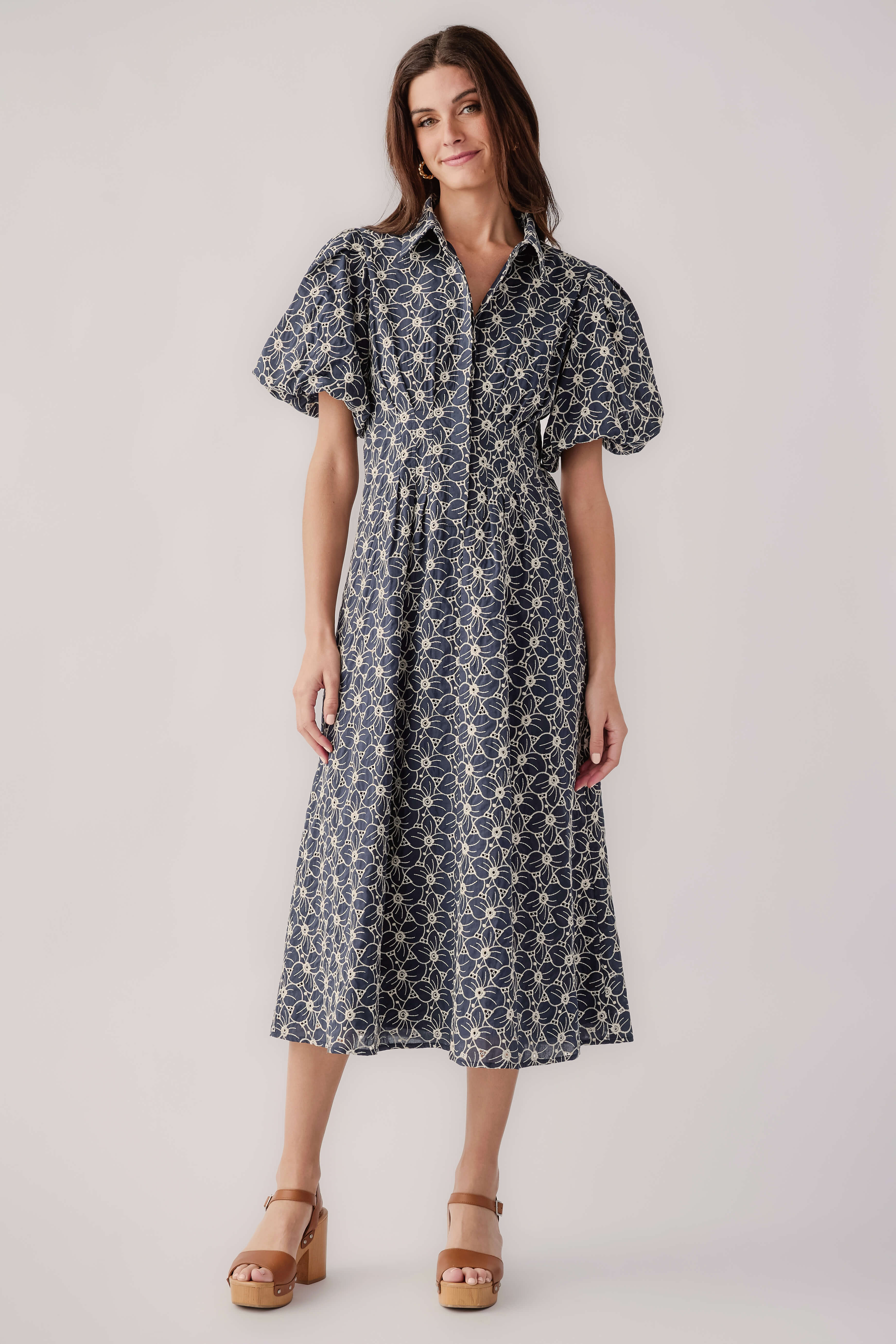 Navy floral eyelet midi dress with short flutter sleeves
