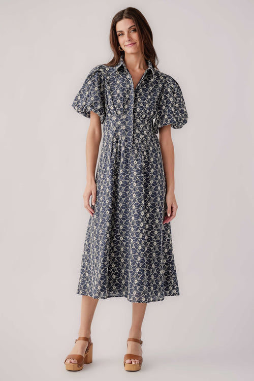 Navy floral eyelet midi dress with short flutter sleeves