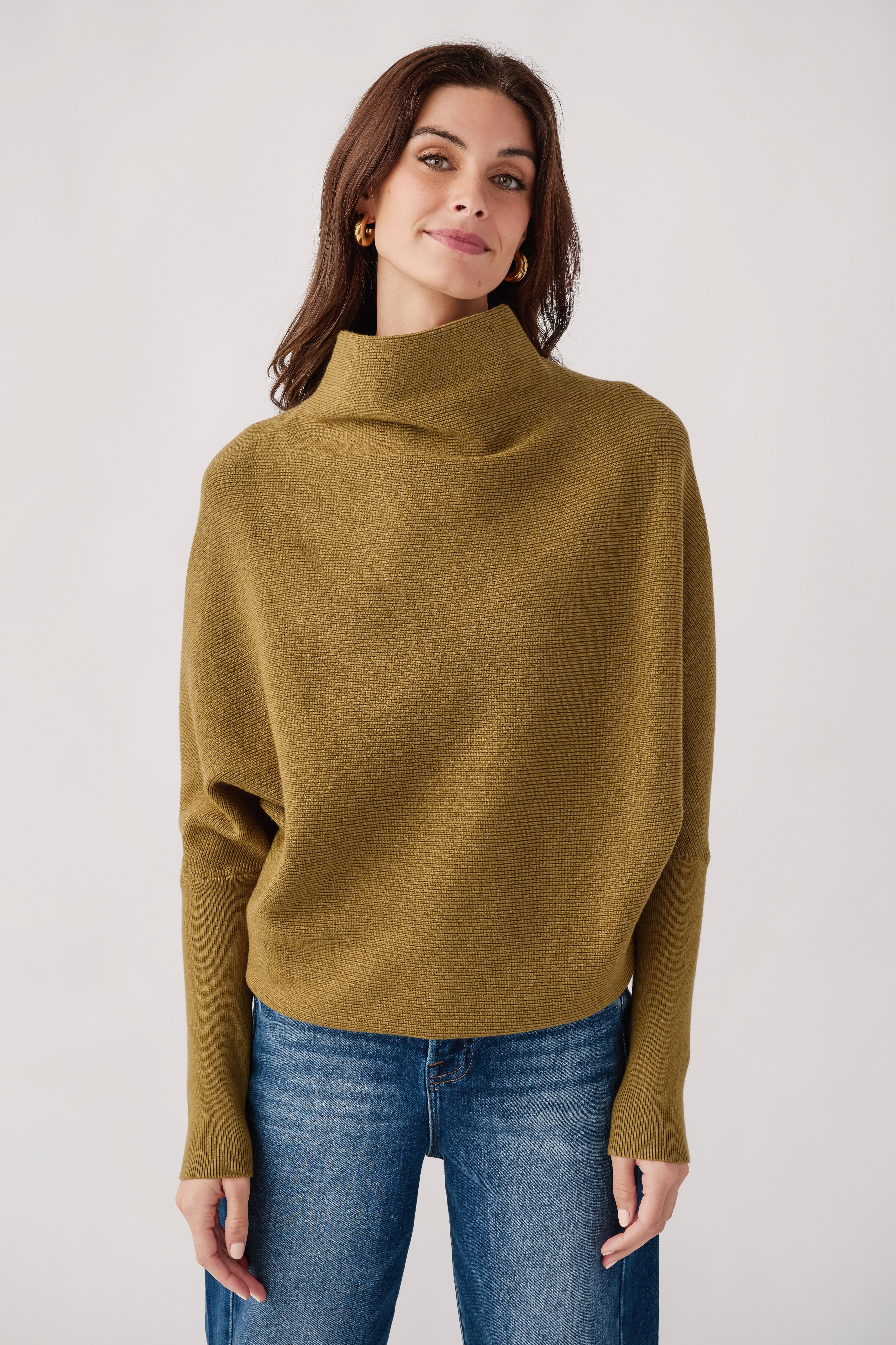 Olive slouch neck dolman pullover sweater with long sleeves