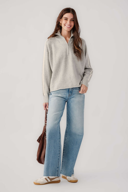 Heather grey 1/2-zip sweater with cream stripe detail and relaxed fit