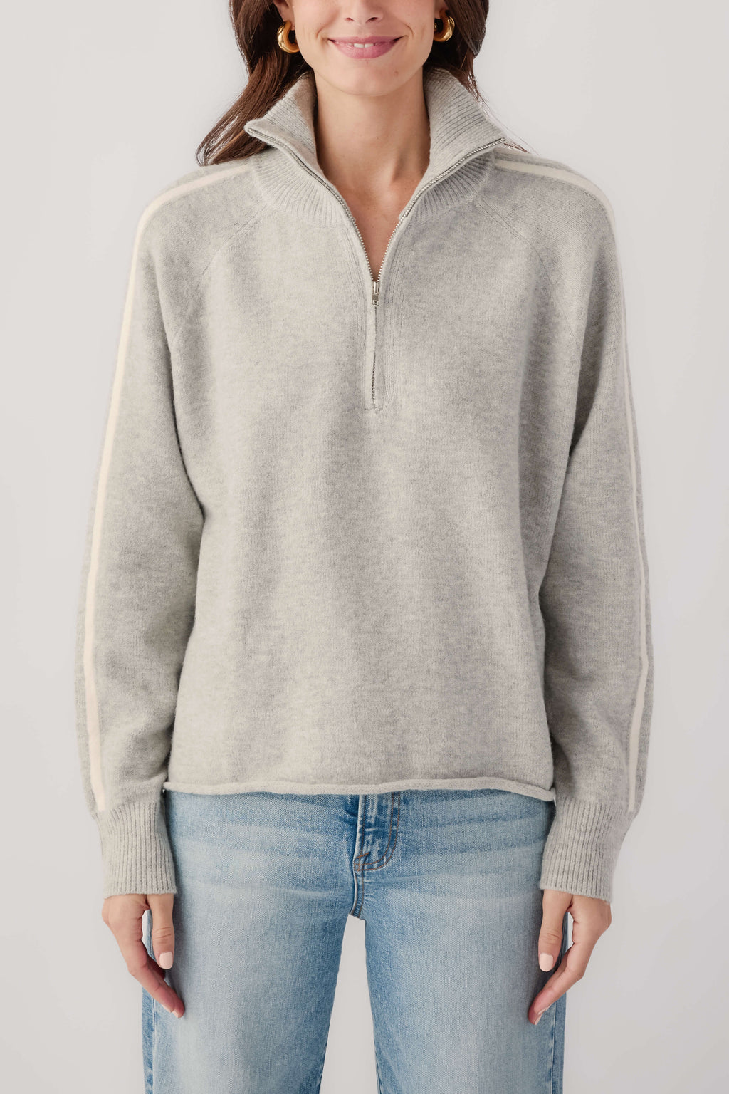 Heather grey 1/2-zip sweater with cream stripe trim on collar and sleeves