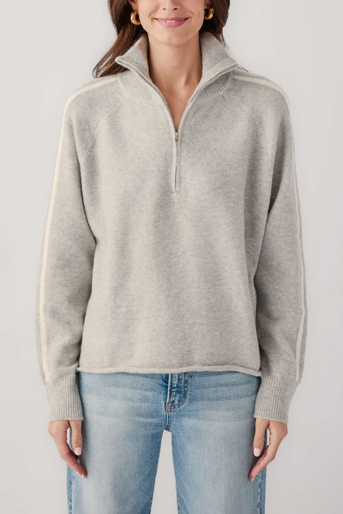 Heather grey 1/2-zip sweater with cream stripe trim on collar and sleeves