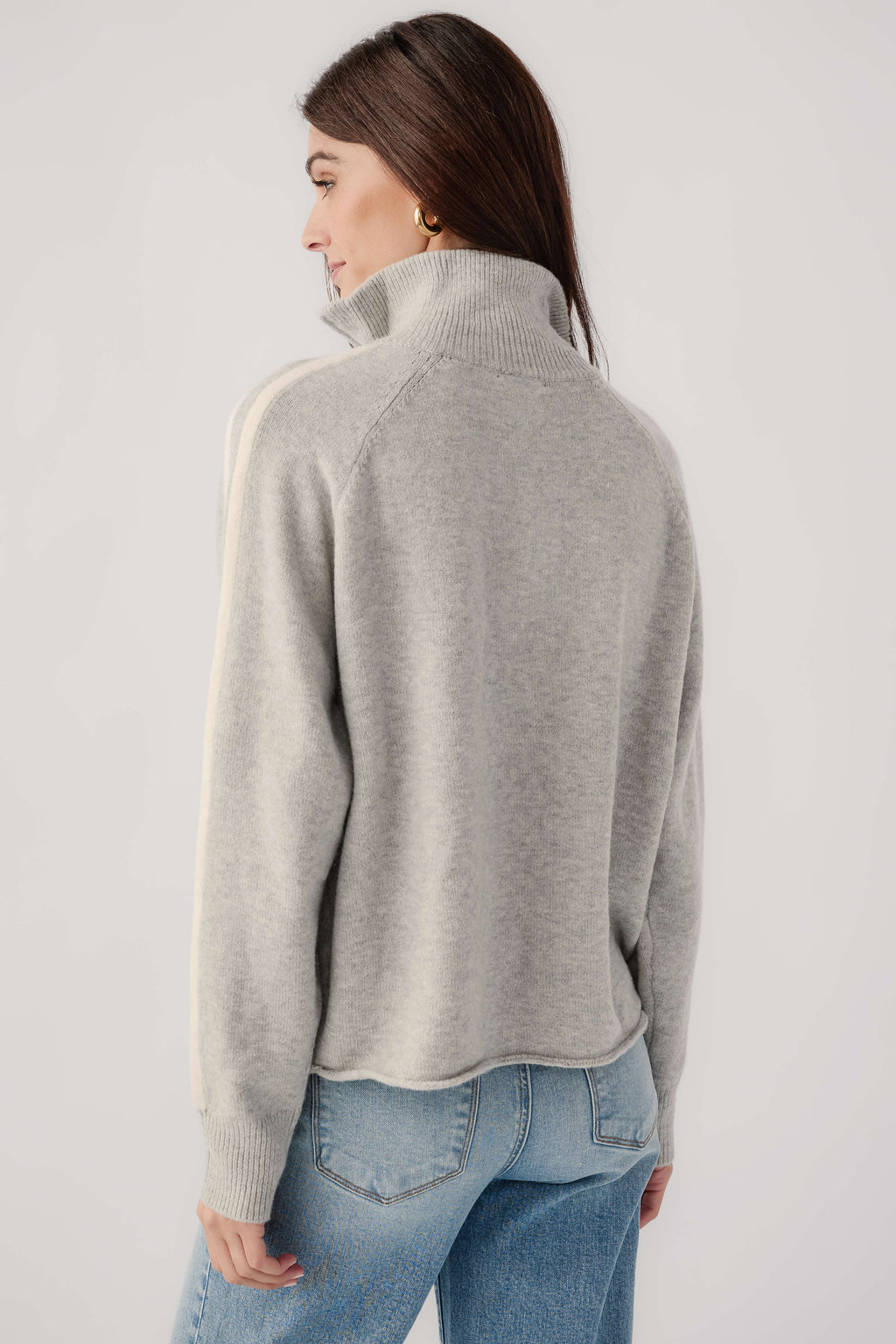 Heather grey 1/2-zip sweater with cream stripe trim on back yoke and cuffs