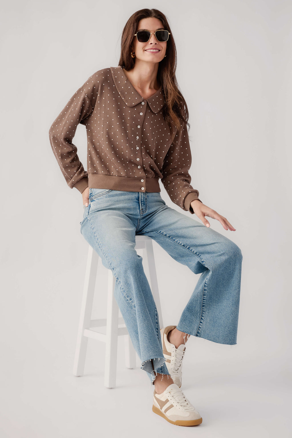 Mocha polka dot cardigan with Peter Pan collar, button front, long sleeves, relaxed fit