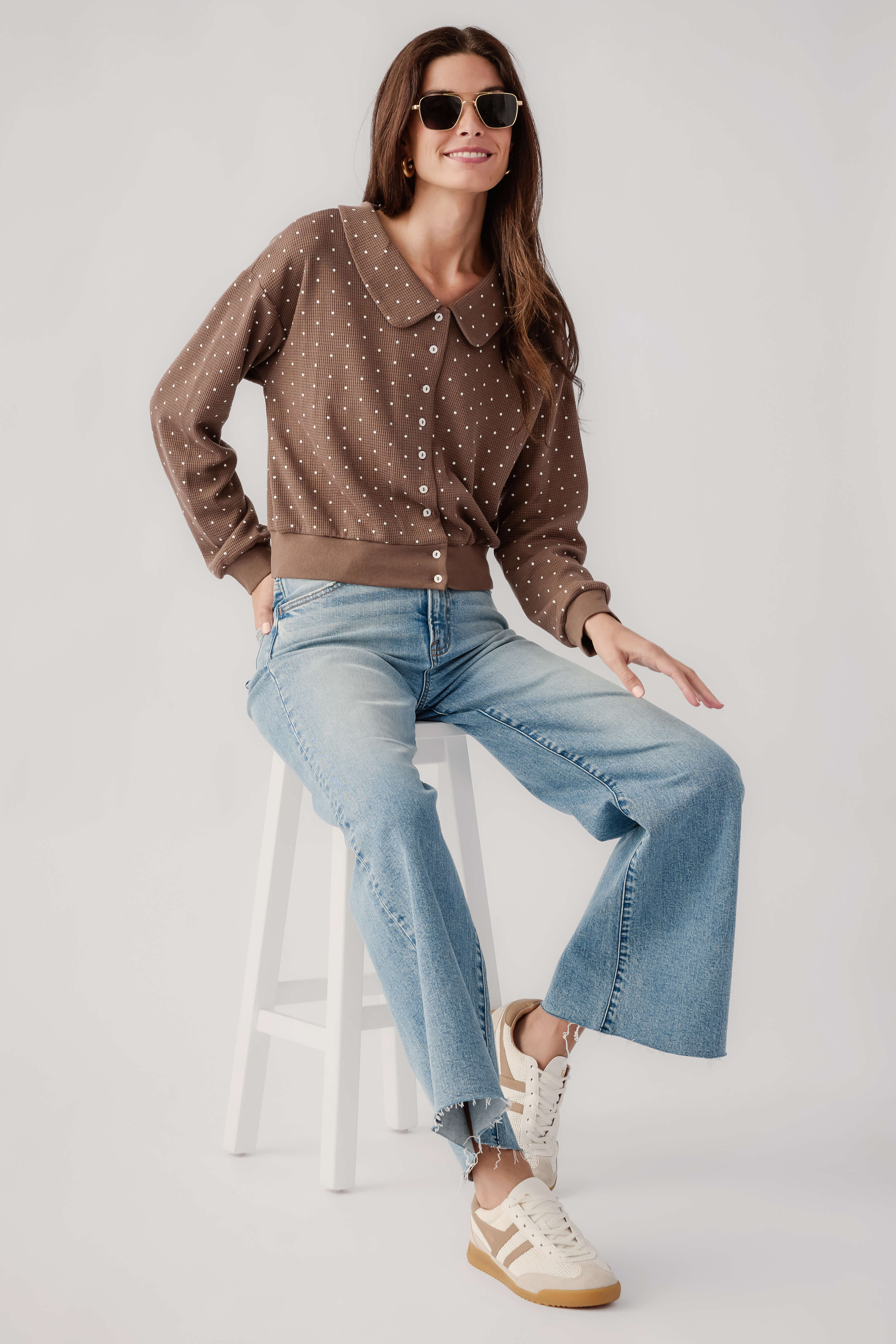 Mocha polka dot cardigan with Peter Pan collar, button front, long sleeves, relaxed fit