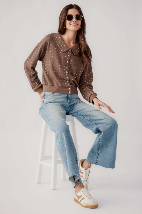 Mocha polka dot cardigan with Peter Pan collar, button front, long sleeves, relaxed fit