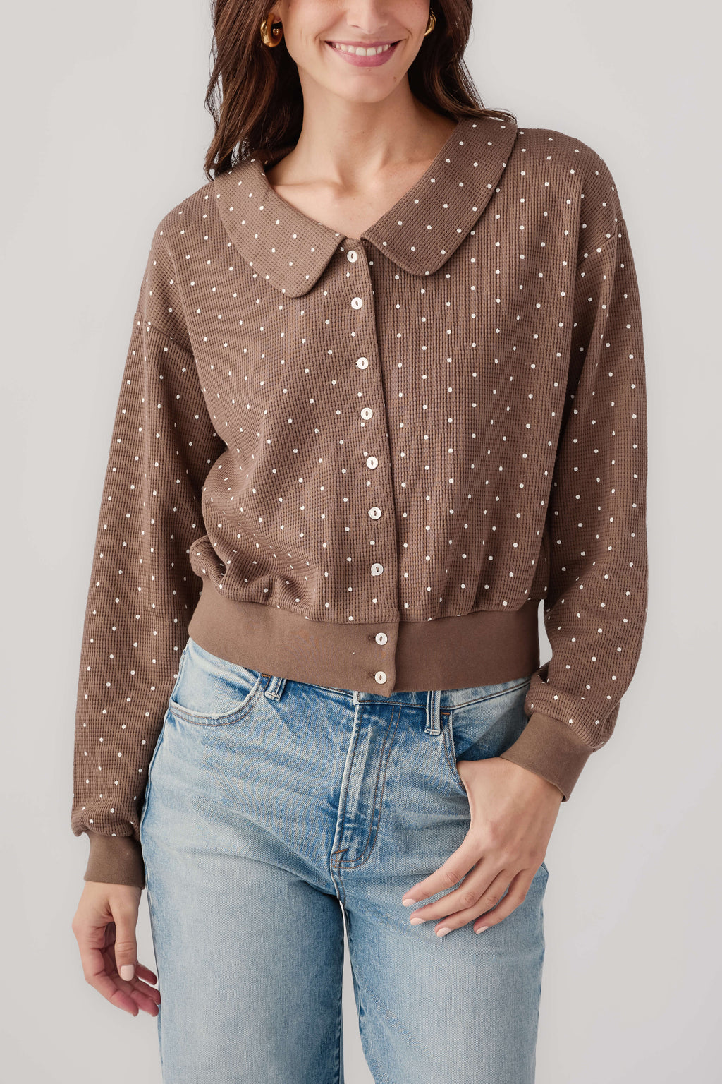 Mocha polka dot cardigan with Peter Pan collar, button front, long sleeves