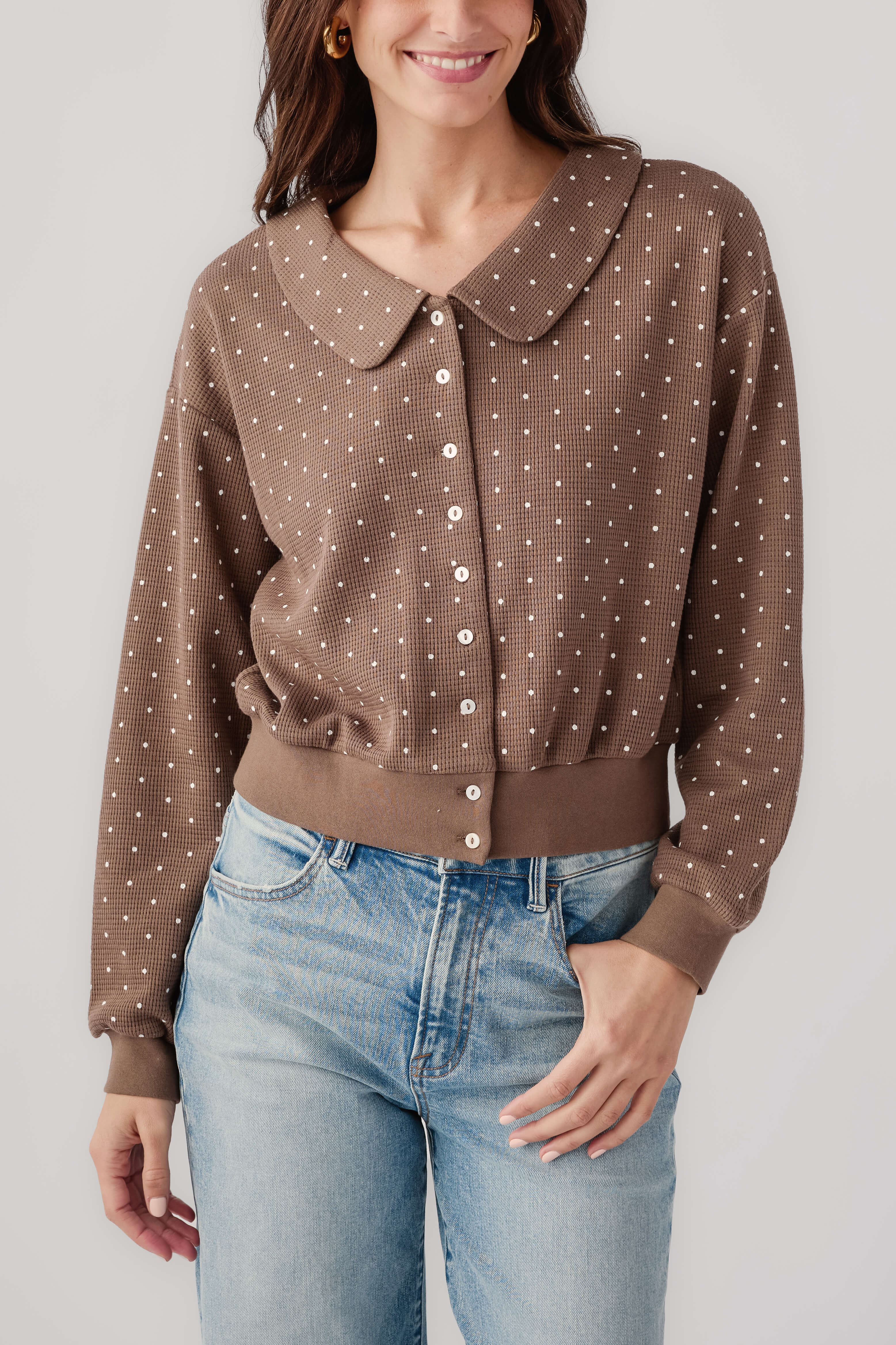 Mocha polka dot cardigan with Peter Pan collar, button front, long sleeves