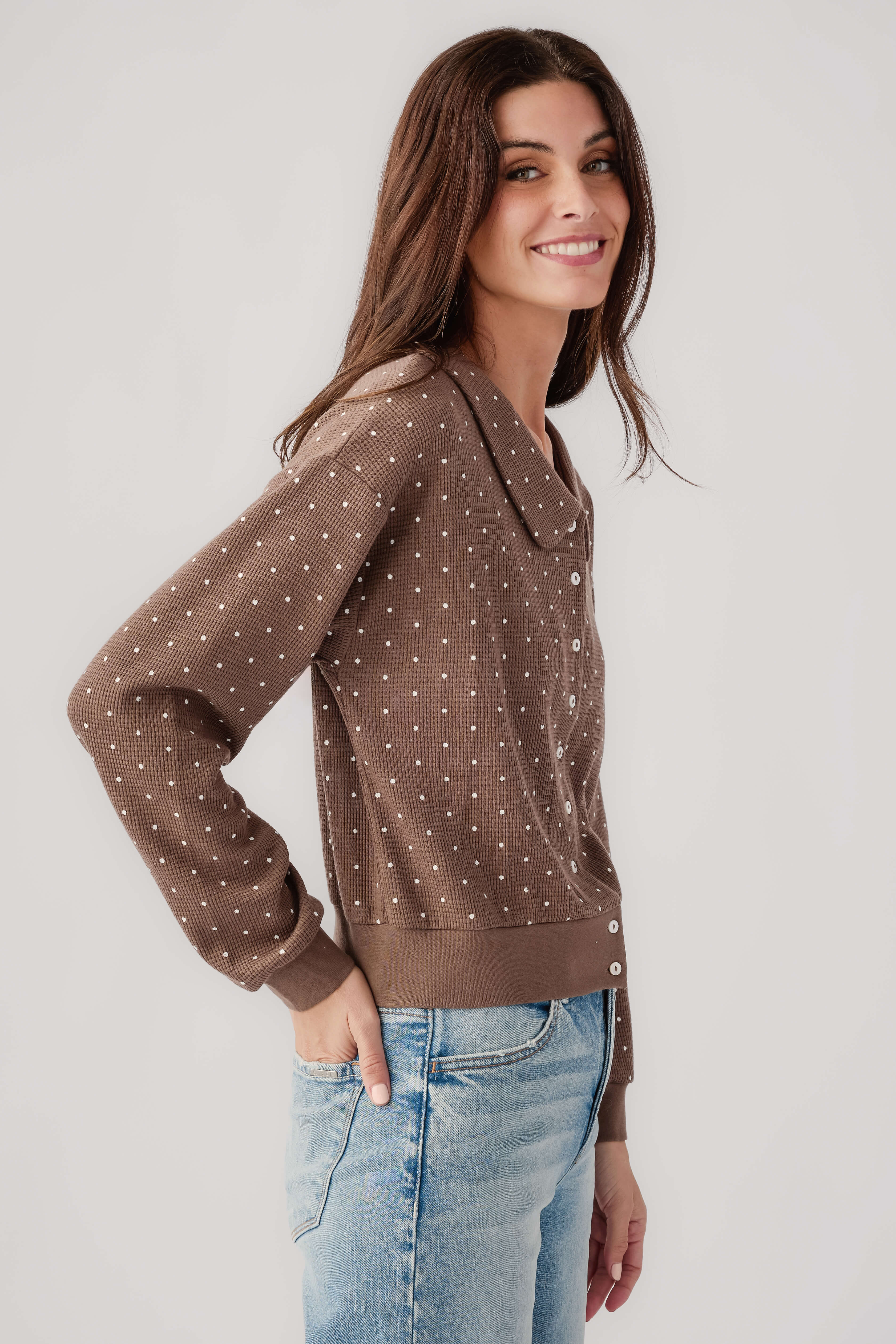 Mocha polka dot cardigan with Peter Pan collar and button placket