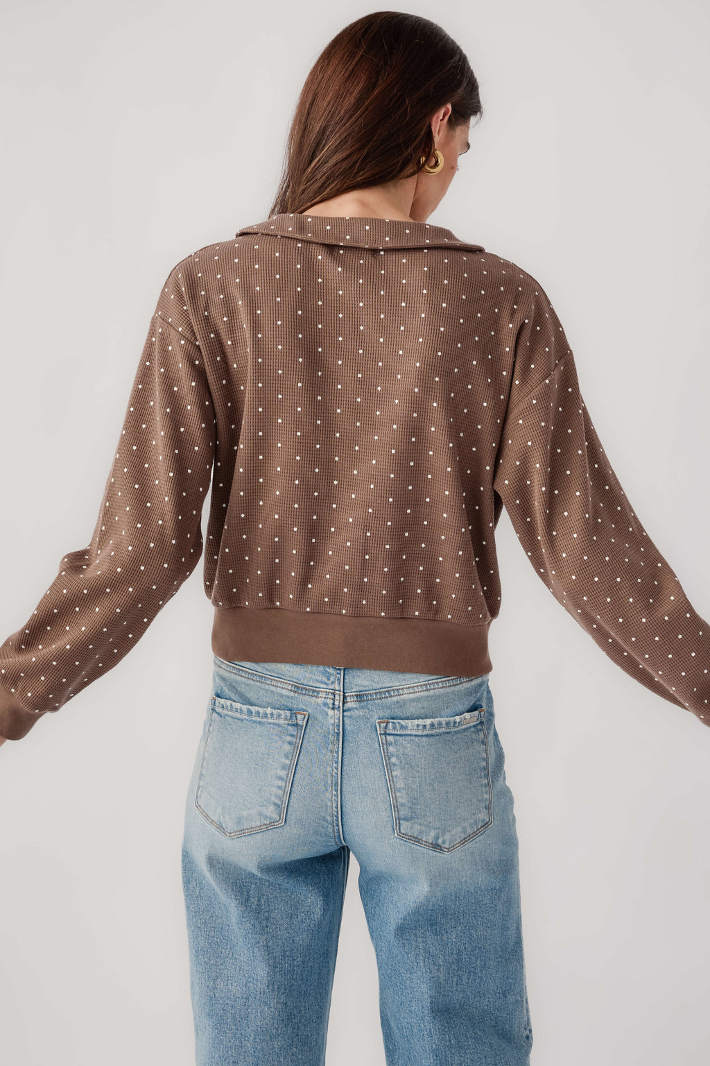 Mocha polka dot cardigan back view with Peter Pan collar and long sleeves